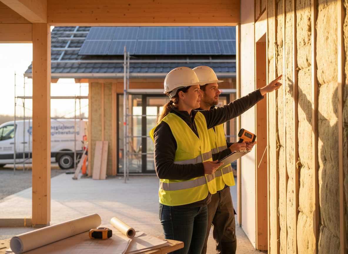 Baustelle eines Wohnhauses mit Energieberater auf der Baustelle