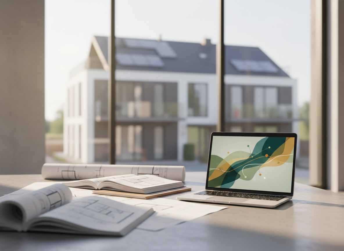 Fördermittelberatung: modernes Büro-Setup mit Sanierungsunterlagen und Wohngebäude im Hintergrund
