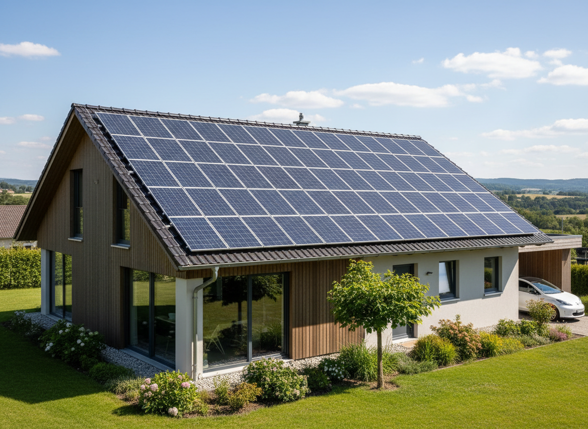Einfamilienhaus mit großer Photovoltaikanlage auf dem Dach