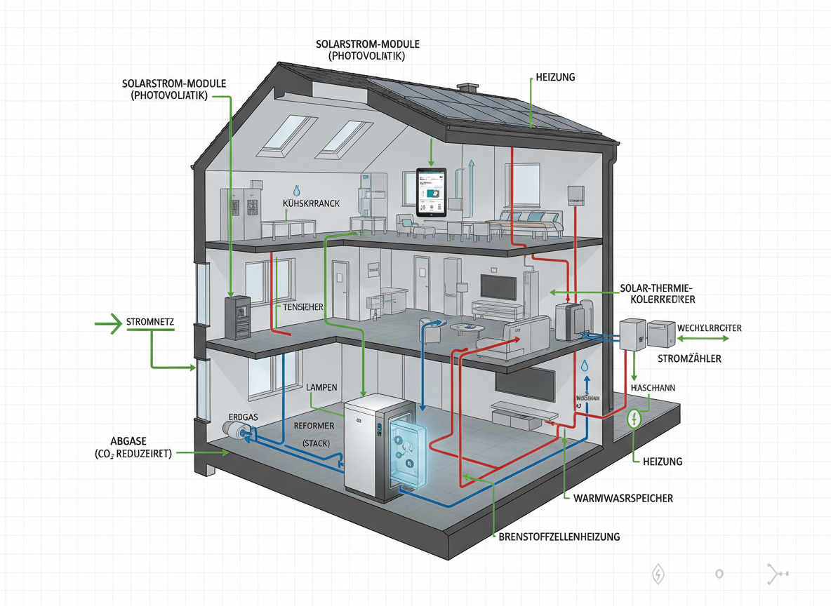 Brennstoffzellenheizung und Warmwasserspeicher im Haustechnikraum