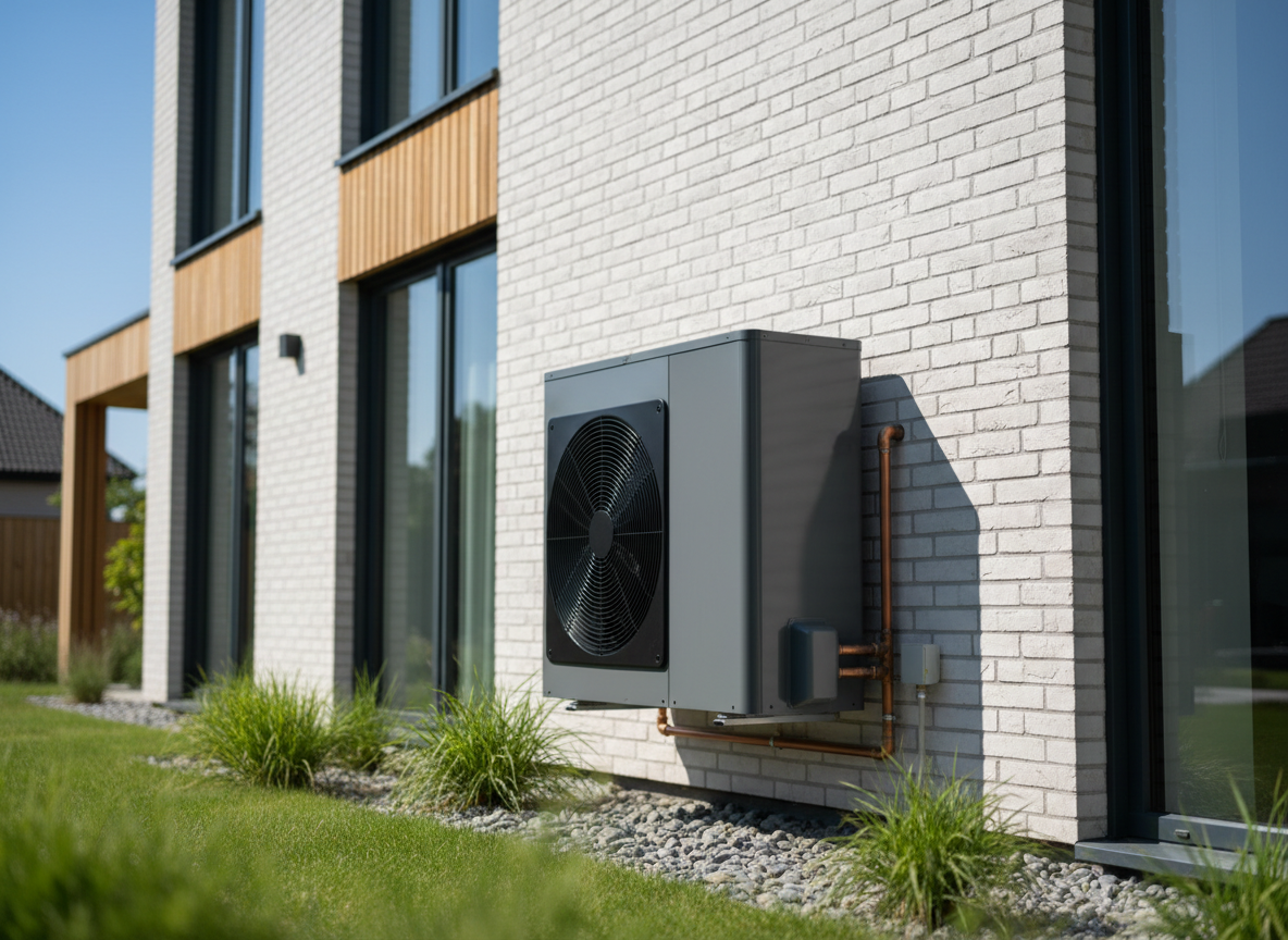 Außengerät einer Luft/Wasser-Wärmepumpe an einem Wohnhaus