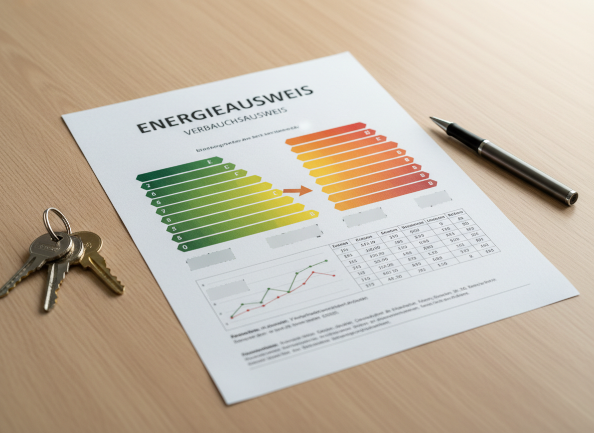 Energieausweis als Verbrauchsausweis auf einem Tisch mit Schlüsseln